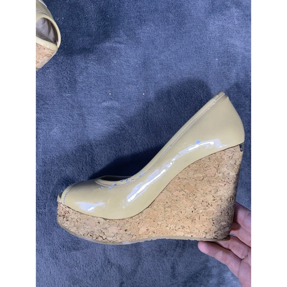 Jimmy Choo Size 37 1/2 Natural Papina Patent Leather and Cork Wedges $450